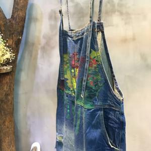 Fashion Artistic Print Denim Overalls Ripped Jumpsuits