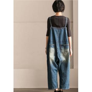 Fashion Artistic Print Denim Overalls Ripped Jumpsuits