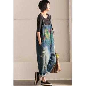 Fashion Artistic Print Denim Overalls Ripped Jumpsuits