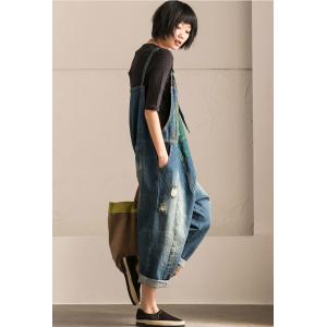 Fashion Artistic Print Denim Overalls Ripped Jumpsuits