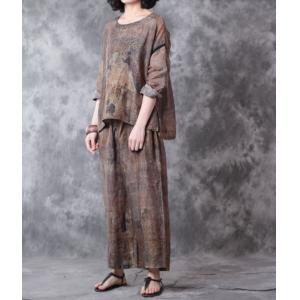 Dark-Colored Printing Vintage Blouse Linen Loose Top