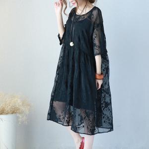 Plus Size Embroidered Dress Transparent Elegant Silk Dress With Basic Camisole