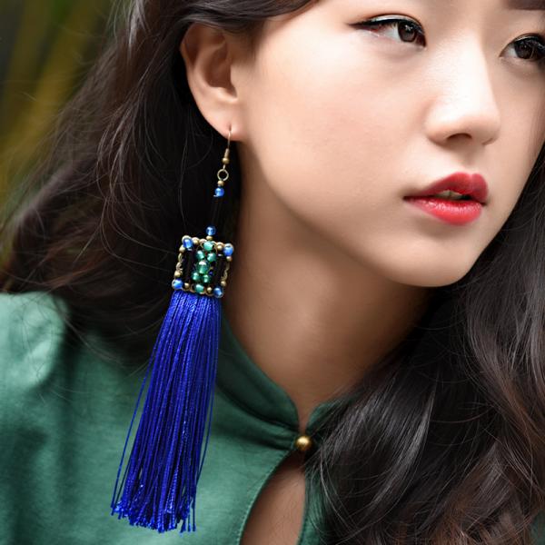 New Arrival Royal Blue Vintage Tassel Earrings Chinese Agate Ear Pendants