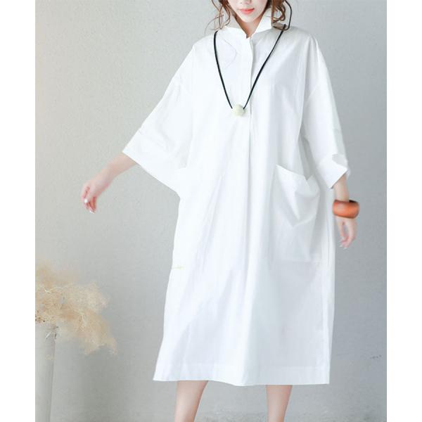 Korean Style Front Pockets Oversized Shirt Dress Letter Embroidered White Dress