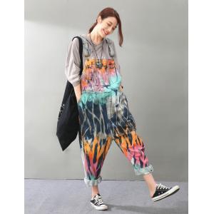 Street Fashion Color Print Denim Overalls Front Pockets Harem Jumpsuits