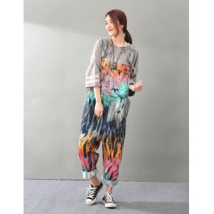 Street Fashion Color Print Denim Overalls Front Pockets Harem Jumpsuits