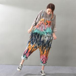 Street Fashion Color Print Denim Overalls Front Pockets Harem Jumpsuits
