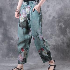 Over50 Style Vintage Flowers Print Loose Top With Linen Comfortable Trousers