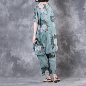 Over50 Style Vintage Flowers Print Loose Top With Linen Comfortable Trousers