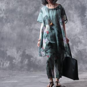 Over50 Style Vintage Flowers Print Loose Top With Linen Comfortable Trousers