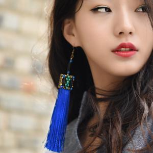 New Arrival Royal Blue Vintage Tassel Earrings Chinese Agate Ear Pendants