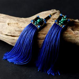 New Arrival Royal Blue Vintage Tassel Earrings Chinese Agate Ear Pendants