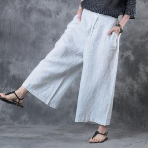 Casual Style Pinstriped Wide Leg Pants Womans Cotton Linen Baggy Trousers