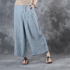 Casual Style Pinstriped Wide Leg Pants Womans Cotton Linen Baggy Trousers