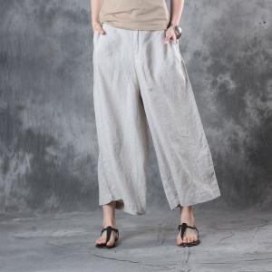 Casual Style Pinstriped Wide Leg Pants Womans Cotton Linen Baggy Trousers