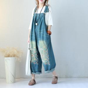 Chinese Folk Embroidered Overalls Denim Wide Leg Jumpsuits