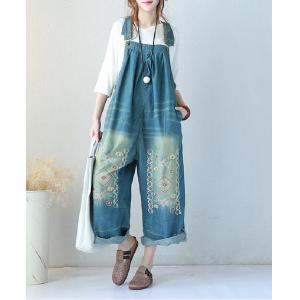 Chinese Folk Embroidered Overalls Denim Wide Leg Jumpsuits