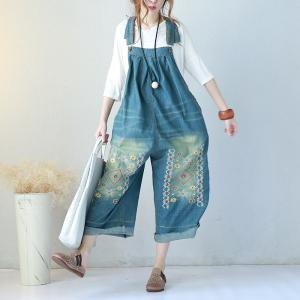 Chinese Folk Embroidered Overalls Denim Wide Leg Jumpsuits