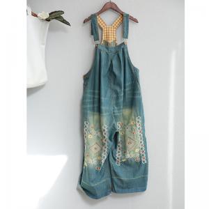 Chinese Folk Embroidered Overalls Denim Wide Leg Jumpsuits
