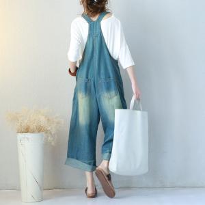 Chinese Folk Embroidered Overalls Denim Wide Leg Jumpsuits