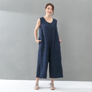 Youthful Single-Breasted Cotton Linen Jumpsuits Summer Plain Baggy Trousers