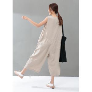 Youthful Single-Breasted Cotton Linen Jumpsuits Summer Plain Baggy Trousers