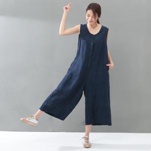 Youthful Single-Breasted Cotton Linen Jumpsuits Summer Plain Baggy Trousers