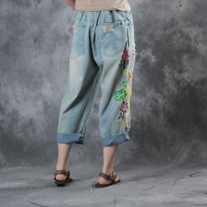Vintage Style Chinese Embroidered Jeans Womans Wide Leg Ripped Jeans