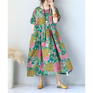 Flowers Print Linen Maxi Dress Chinese Plus Size Senior Woman Dress
