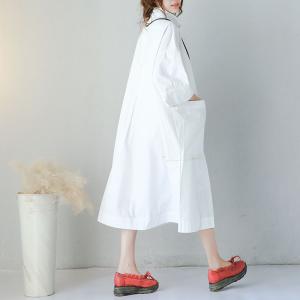 Korean Style Front Pockets Oversized Shirt Dress Letter Embroidered White Dress