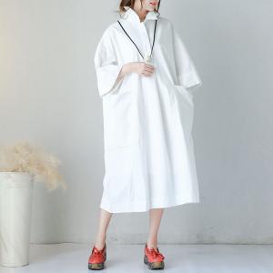 Korean Style Front Pockets Oversized Shirt Dress Letter Embroidered White Dress