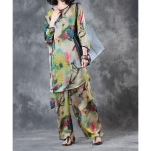 Vintage Style Lotus Print Long Loose Blouse With Silk Satin Wide Leg Pants