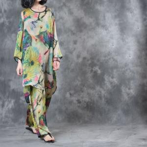 Vintage Style Lotus Print Long Loose Blouse With Silk Satin Wide Leg Pants