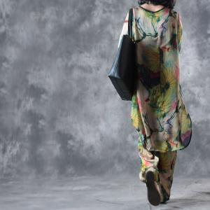 Vintage Style Lotus Print Long Loose Blouse With Silk Satin Wide Leg Pants