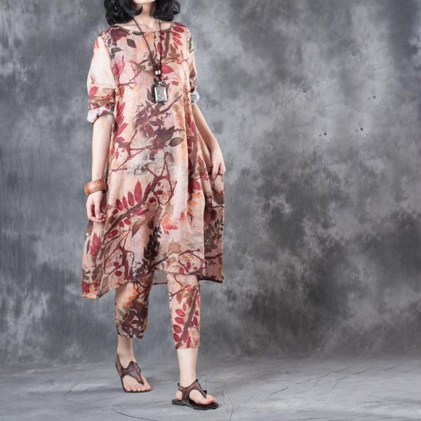 High-End Branch Prints Linen Long Blouse With Customized Cropped Pants