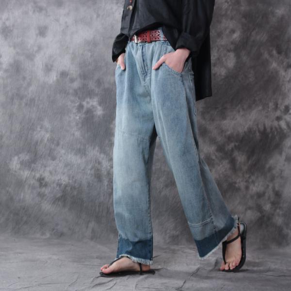 Relaxed Fit Blue Contrast Baggy Jeans Raw Hem Straight Leg Jeans