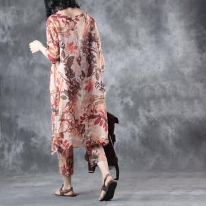 High-End Branch Prints Linen Long Blouse With Customized Cropped Pants
