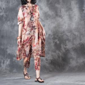 High-End Branch Prints Linen Long Blouse With Customized Cropped Pants