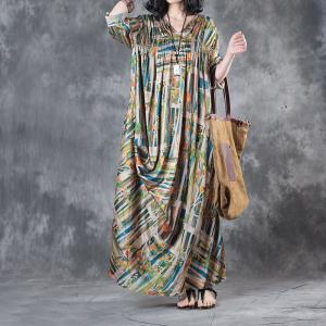 High-End Colorful Stripes Silk Satin Designer Dress Pleated Plus Size Maxi Dress