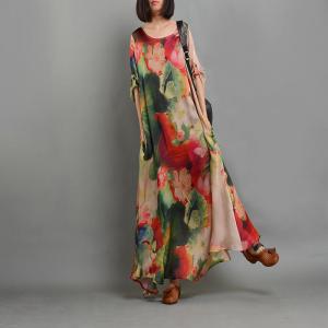 Retro Style Lotus Prints Plus Size Maxi Dress Asymmetric Tencel Elegant Dress