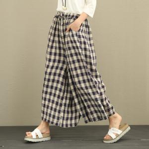 Classic Style Ramie Plaid Trousers Womans Wide Leg Pants