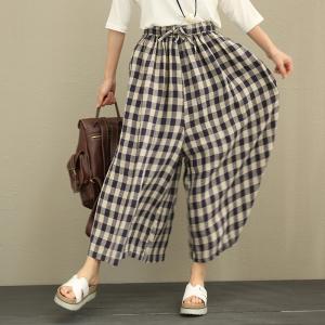 Classic Style Ramie Plaid Trousers Womans Wide Leg Pants