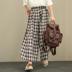 Classic Style Ramie Plaid Trousers Womans Wide Leg Pants