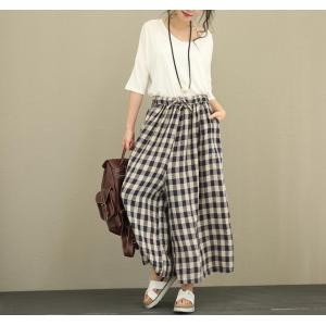 Classic Style Ramie Plaid Trousers Womans Wide Leg Pants