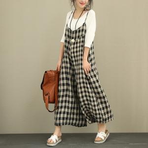 Ladylike Grid Prints Ramie Casual Jumpsuits Summer Wide Leg Jumpsuits