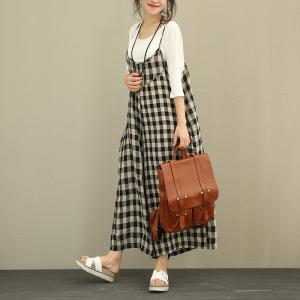 Ladylike Grid Prints Ramie Casual Jumpsuits Summer Wide Leg Jumpsuits