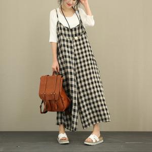 Ladylike Grid Prints Ramie Casual Jumpsuits Summer Wide Leg Jumpsuits