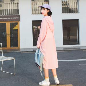Korean Style Pinstriped Pink Hooded Dress Front Pockets Oversized Shirt Dress
