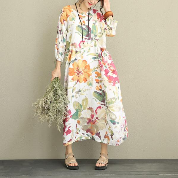 New Arrivals Flowers Prints Linen Colorful Dress Plus Size Maxi Dress