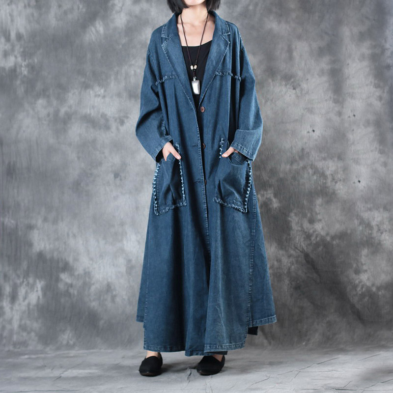 New Arrival Vertical Pockets Denim Trench Coat Womans Plus Size Duster